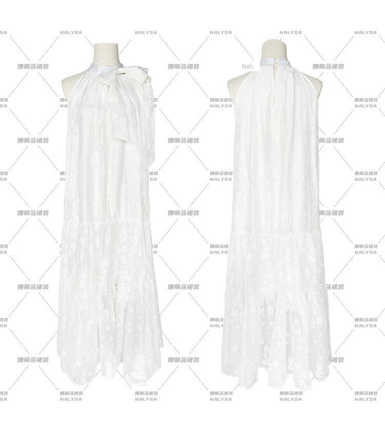Cake White Halter Dress Loose Bow