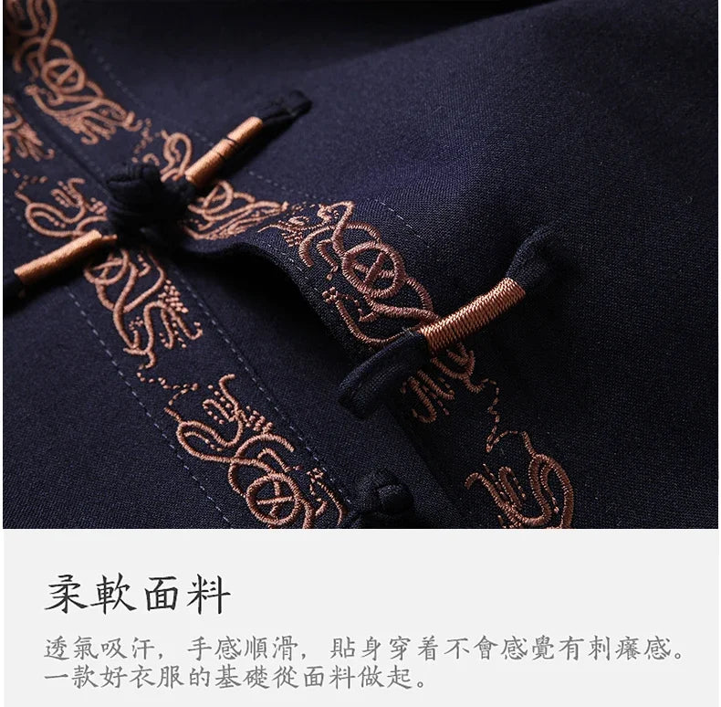 Tang Suit (top + Pants) Spring and Autumn Elderly People Door Flaperon Embroidery Father Men's Hanfu Chinese Style Suit