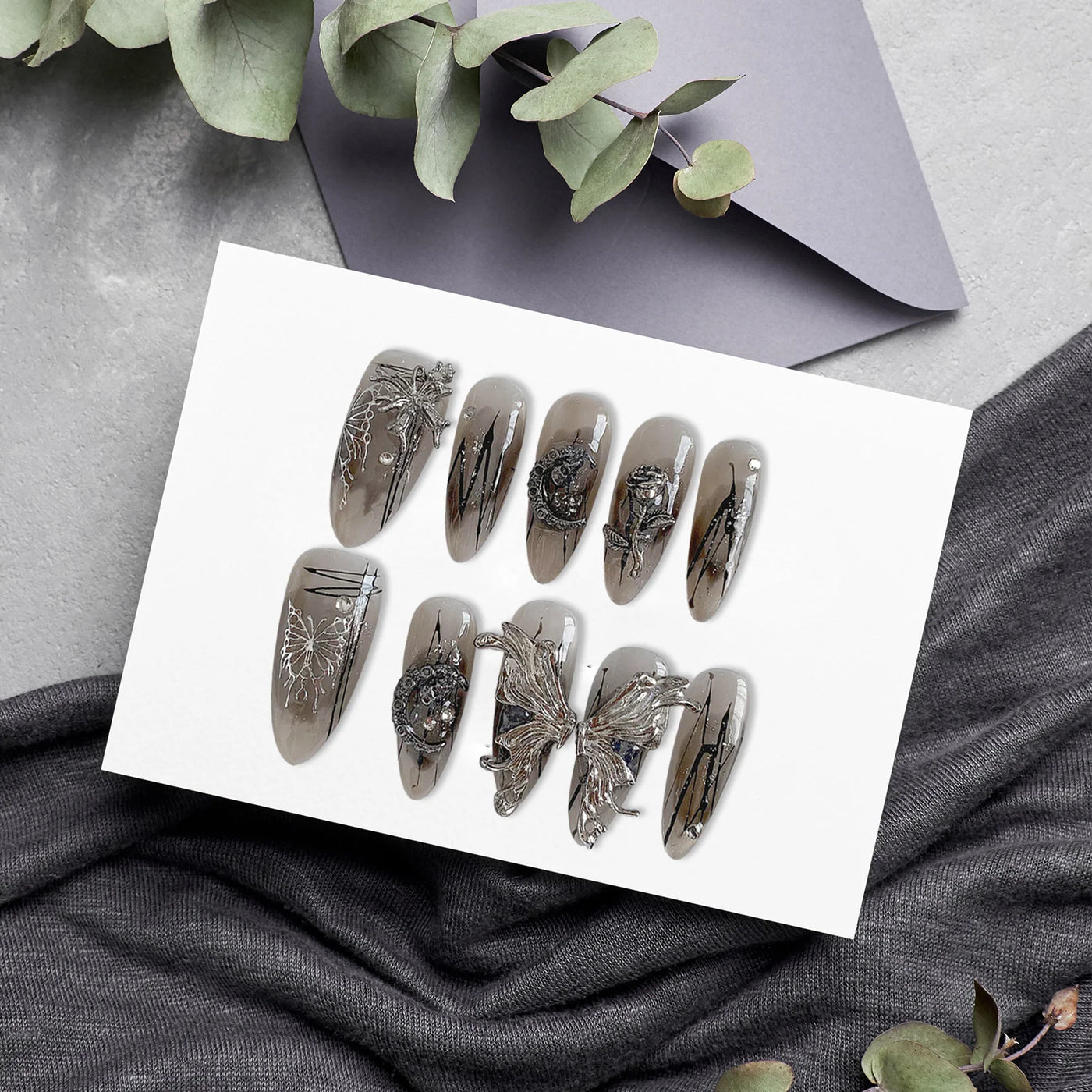 Wearable 3D Silver Butterfly False Nails With Metal Moon Decor Charming Gothic Fake Nails Y2k Press On Nail Long Almond Handmade