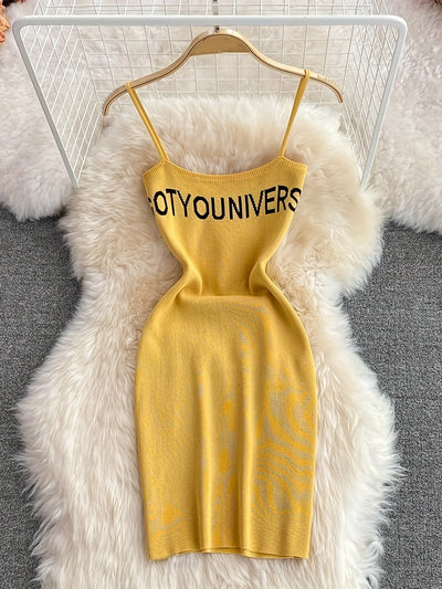 2026 Green Summer Letter Print Cami Dress Casual Sleeveless Bodycon Spaghetti Dress Women's Clothing Outfits Short Sundress