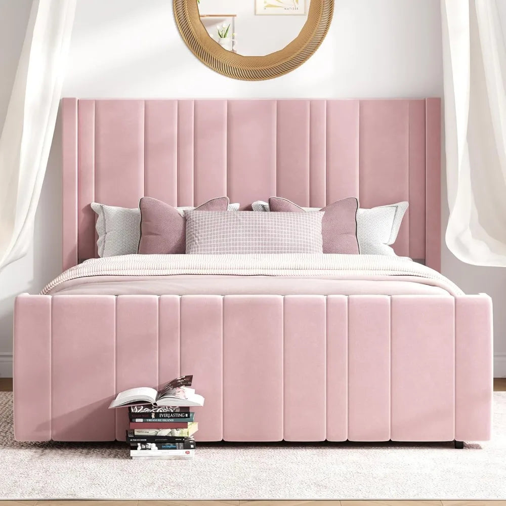 Queen Bed Frame Pink Upholstered Bed with Vertical Channel Tufted Headboard & 22" Footboard, Noise Free/Wooden Slats/Nois