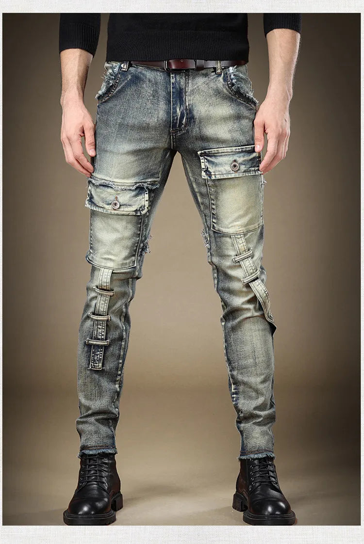 2024 Men's Jeans Stretch Vintage Washing Drak Blue Denim Pants Autumn Summer Luxury Street  Hip-Hop Style Slim Fit Men Trousers