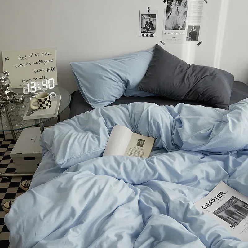 High Quality  Solid Color Double Washed Cotton Bedding 4 Pieces Set Student Dormitory Bed Linen Duvet Set Bed Suit