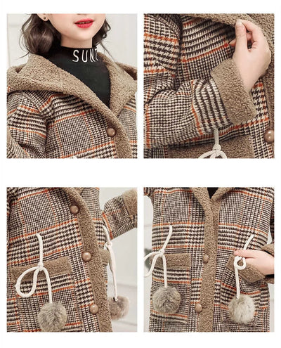 Autumn Winter Girls Hairy Coat Fashion Design Long Coat for Girls Kids Outerwear Grid Pattern Warm Winter Jacket Coats 4-12T