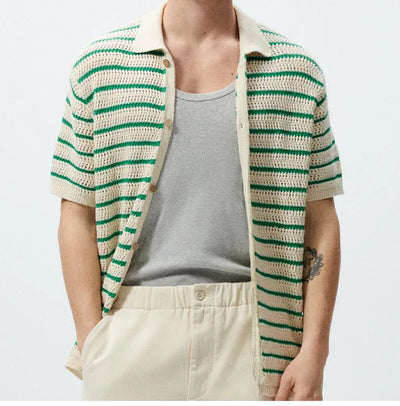 Men's Sexy See-through Knit Shirt Breathable Hollow Striped Shirt Summer New Men's Thin Coat Men's Clothing Hawaiian Shirt Tops