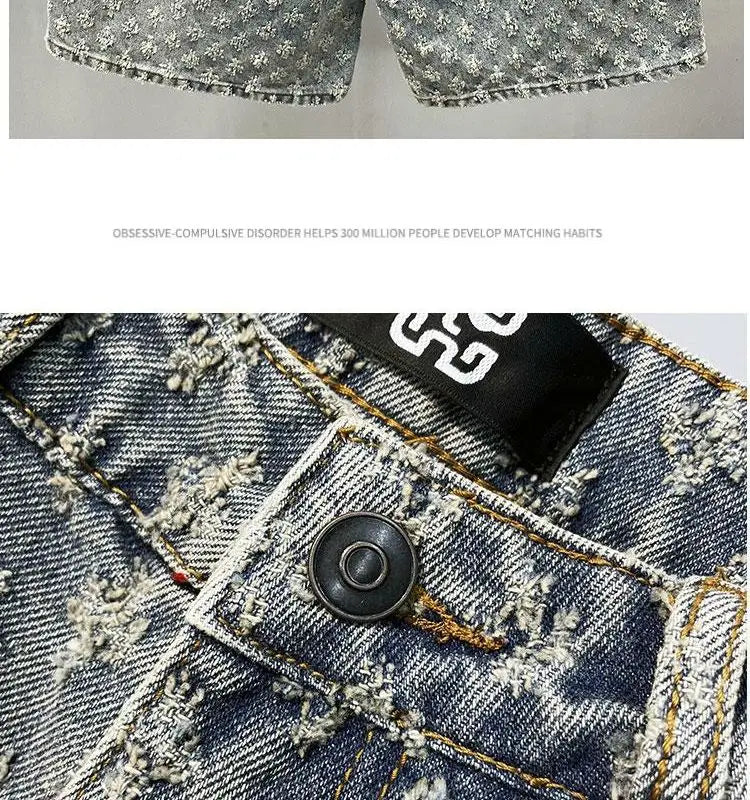American Y2K Light Luxury Quality Retro Denim Shorts Summer Hip Hop INS Men Loose Shave Jacquard Couple Denim Five Point Pants