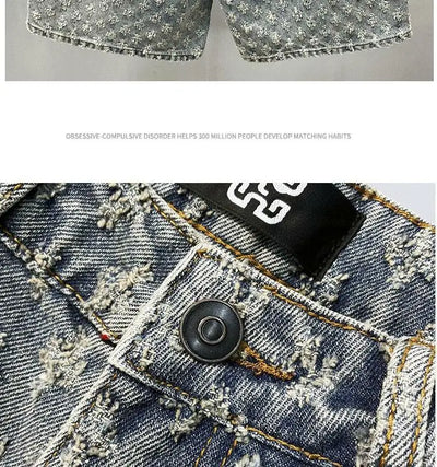 American Y2K Light Luxury Quality Retro Denim Shorts Summer Hip Hop INS Men Loose Shave Jacquard Couple Denim Five Point Pants