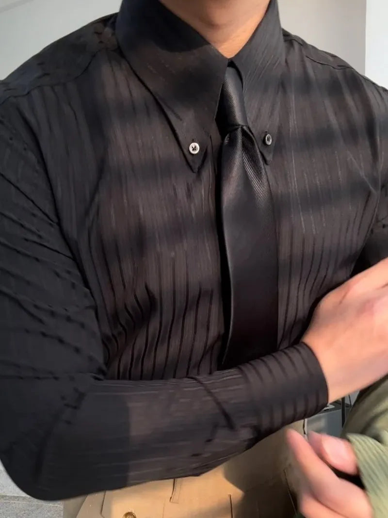 New Daily Business Leisure Mens Stripe Shirt Vintage Single Breasted Slim Fit Office Man Slim Fit Shirts Turn-Down Collar Tops