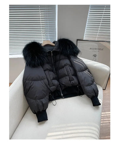 Fashionable Women's Winter Down Jacket Cropped Fox Fur Collar High End 90% White Duck Feather Coat Thick Long Sleeves