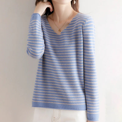 New Striped V-neck Sweater Women's All-Match Loose Sweater Fall Winter Fashion Bottoming Shirt Inner Wear Blouse