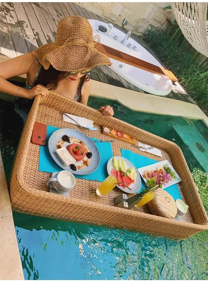 Bali Rattan Tray Swimming Pool Floating Rattan Tray Breakfast Afternoon Tea Dinner Plate Hotel Rattan Basket