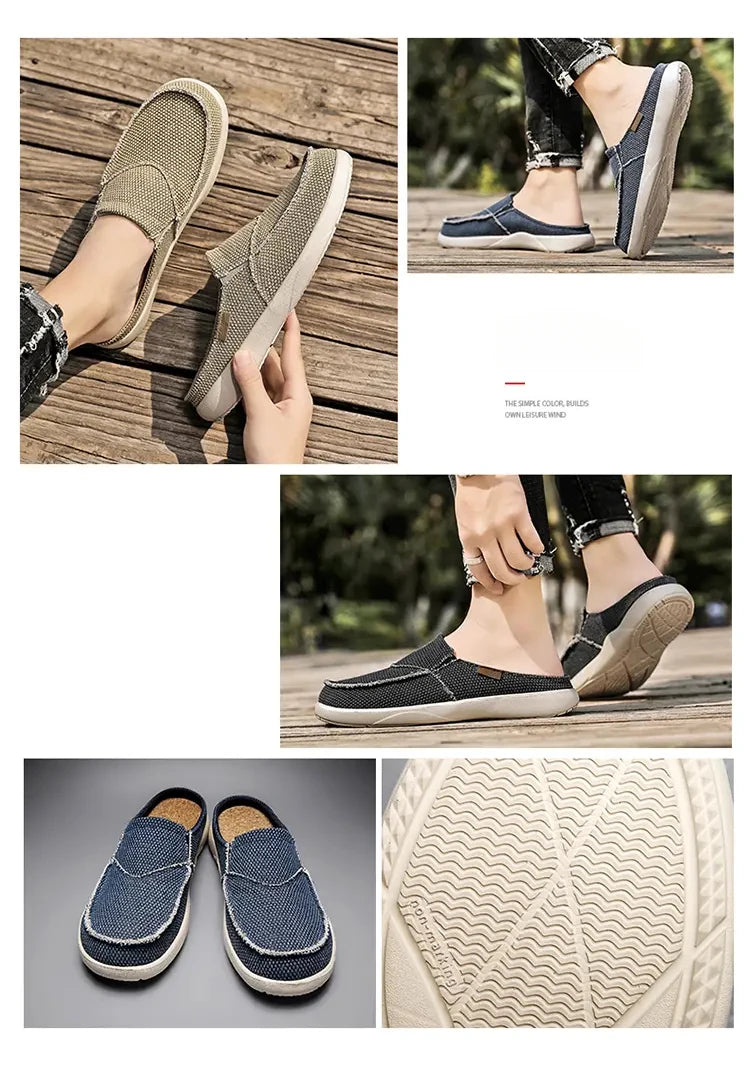 Men Half Shoes Slippers Summer Canvas Casual Classic Outdoor Slip-on Men Light Breathable Flat Loafers Walking Shoe Zapatillas