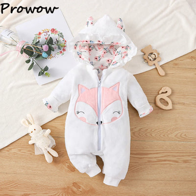 Prowow Cartoon Fox Baby Winter Clothes Romper Jumpsuit For Newborns Zipper Cute Ears Hooded Thicken Infant Overalls For Children