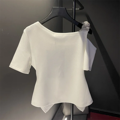 Crop Tops Tshirts for Women Solid Color Diamond Tunic Tees 2024 Ropa Mujer Slim Waist Off Shoulder Fashion Sweet Sexy T-shirt