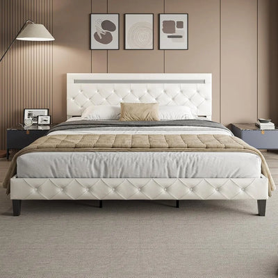 Bed Frame with LED Lights, Upholstered Platform Bed Frame, Adjustable Headboard with Charging Station, Wooden Slats Support