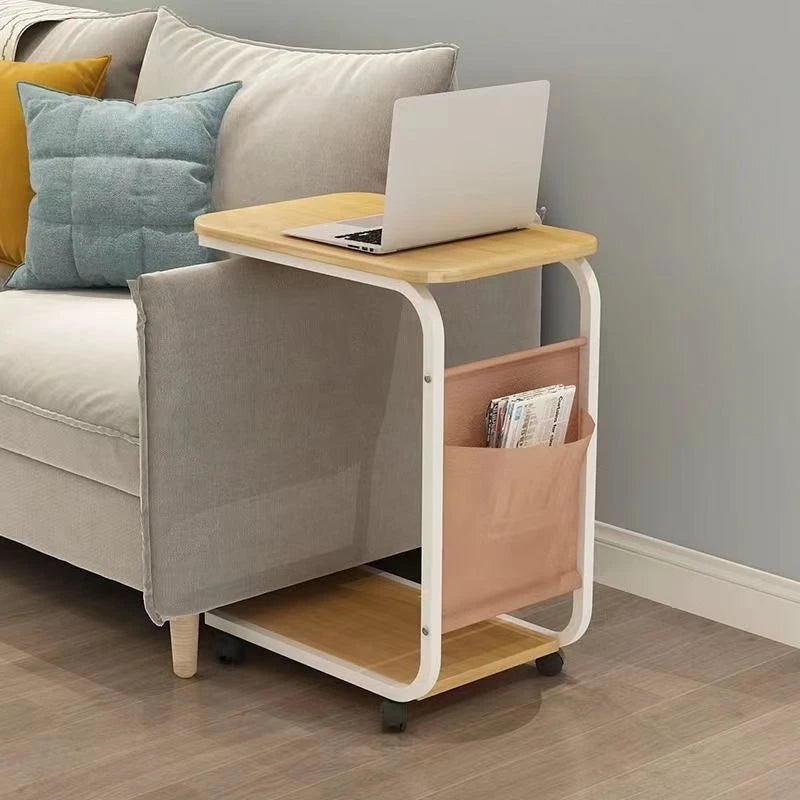 Coffee Table With 360° Wheels C-Shape End Table Sofa Side Table Portable With Cork Finish for RV Home Office Living Room Bedroom