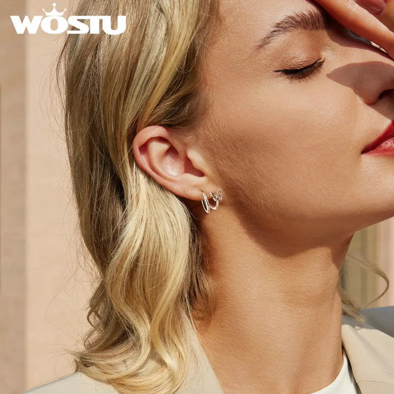 WOSTU Real 925 Sterling Silver Original Butterfly Hoop Earrings Oxidation For Women Wedding Party Daily Gift DIY Fine Jewelry