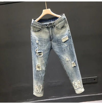 Fashion 2024 New Men's Casual Jeans Distressed Ripped Designer Luxury Boyfriend Spring Autumn Denim Slim Full Length Pants