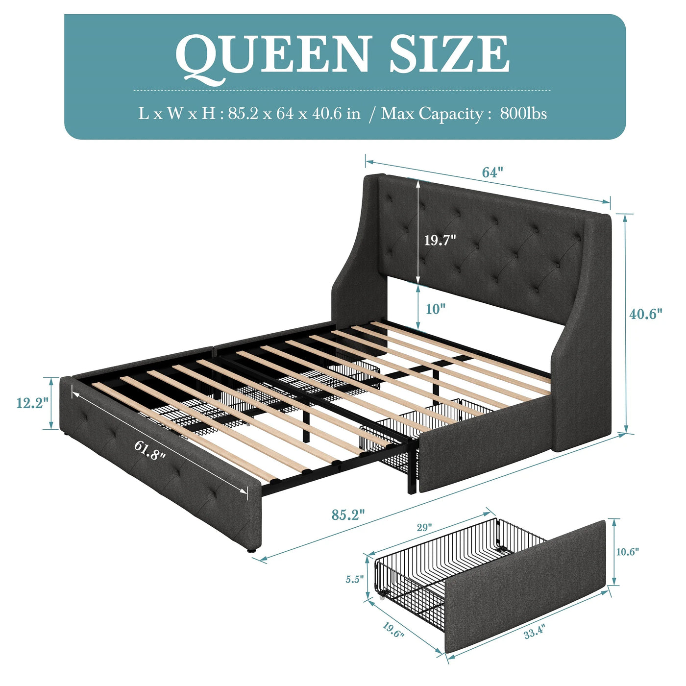 HOOMIC Upholstered Platform Bed Frame with 4 Storage Drawers and Wingback Headboard, Button-Tufted Design, Easy Assembly,