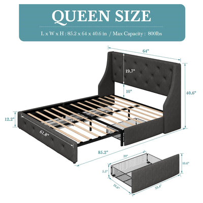 HOOMIC Upholstered Platform Bed Frame with 4 Storage Drawers and Wingback Headboard, Button-Tufted Design, Easy Assembly,