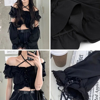 Women's Removable Sleeve T-shirt Drawstring Off Shoulder Crop Top Vintage Shirt Dark Style Harajuku Goth Tee Spring Y2k