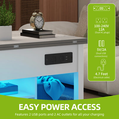 White & Grey 4-in-1 Coffee Table - Adjustable Height, Converts to Dining Table with Storage & LED Lighting