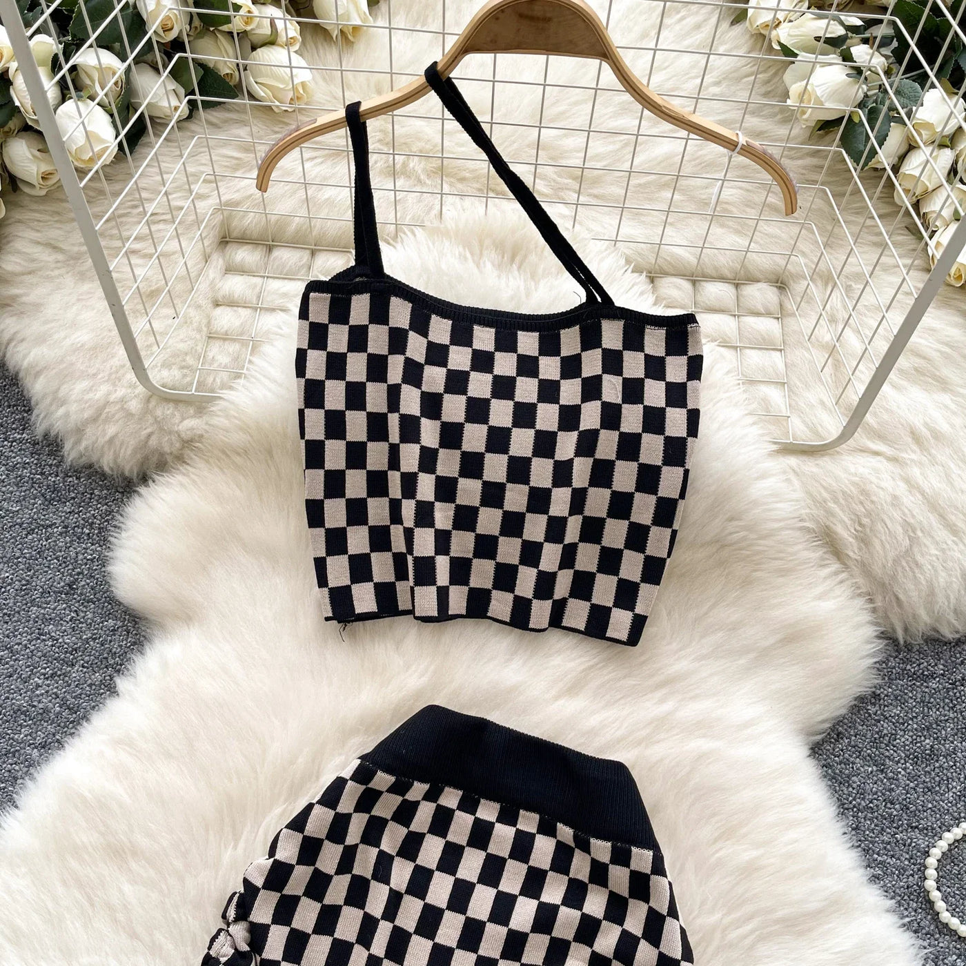 2025 New Vacation Style Plaid Suits Women Strapless Hotsweet Mini Tops+High Waist Bodycon Skirt Fashion Casual Knitted Sets