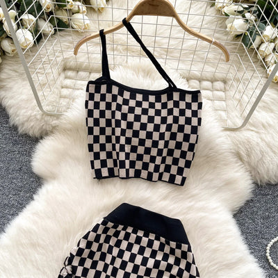 2025 New Vacation Style Plaid Suits Women Strapless Hotsweet Mini Tops+High Waist Bodycon Skirt Fashion Casual Knitted Sets