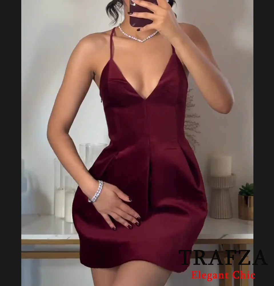 TRAFZA-Women Sexy Velvet Mini Dress Thin Strap Backless Burgundy Dress New 2025 Fashion Date Romantic Party Dress