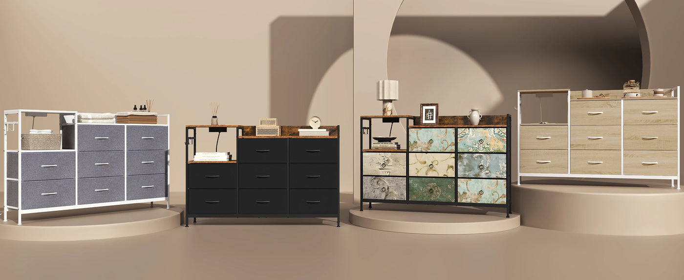 Chest of Drawers with 8 Fabric Drawer Sideboard Storage Cabinet for Kitchen Office with Charging Sockets Steel Frame 132x88x30cm