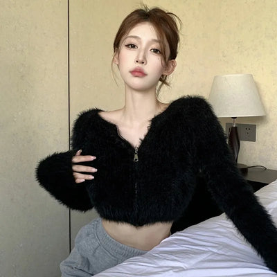 Women's Sweater Coat Top Knitted Cardigan Plush Off Shoulder Short Style Gentleness Mink Solid Color Zipper Design