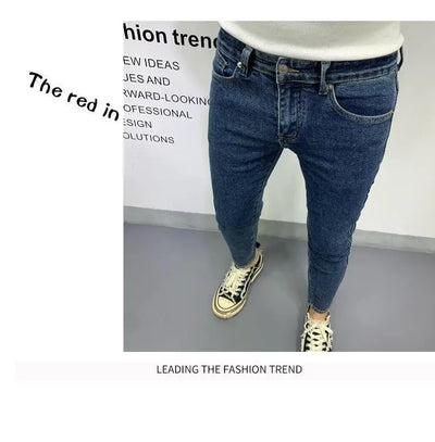 New Men's Slim Denim Jeans Casual Spring and Autumn Stretchy Skinny Pants Korean Style Trendy Cowboy Hip Hop Cropped Trousers