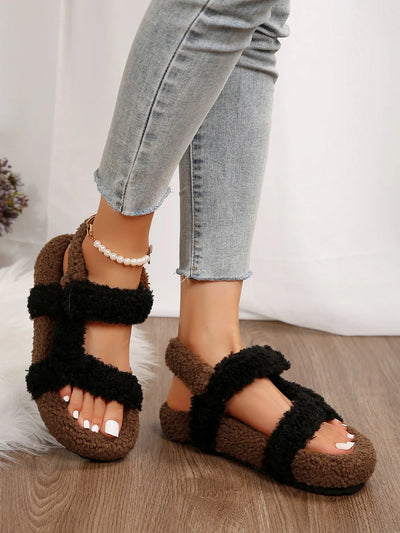 Lightweight Comfortable Sandals Woman Winter Warm Plush Sandals Ladies Brand Design Thick Sole Teddy Fur Outdoor Slipper Shoes