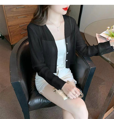 Ice silk sun protection clothing for women in summer, thin chiffon cardigan with camisole skirt, outer cover, small shawl jacket