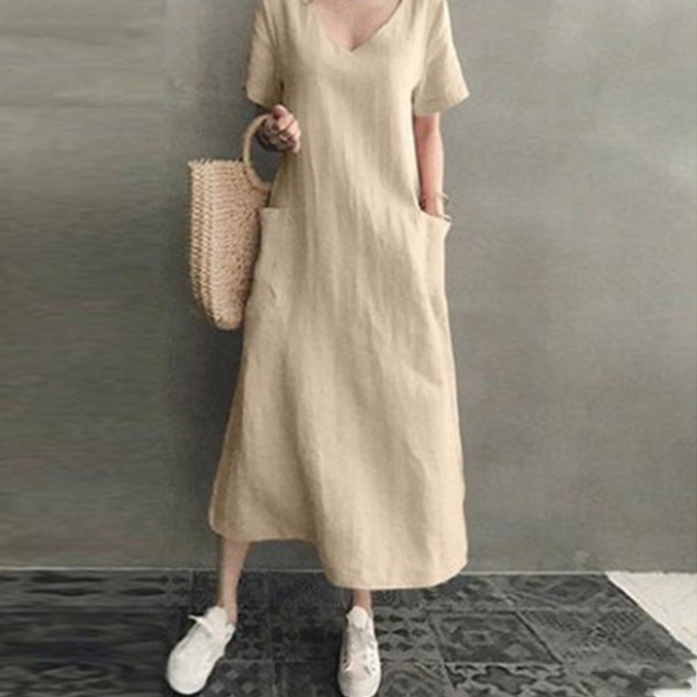 2024 Summer Dresses Qutfits Causal Dress Short Sleeved Cotton Linen V Neck Dress With Pocket Loose Comfy Dresses Vestidos
