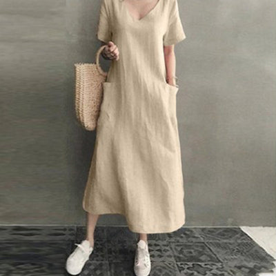 2024 Summer Dresses Qutfits Causal Dress Short Sleeved Cotton Linen V Neck Dress With Pocket Loose Comfy Dresses Vestidos