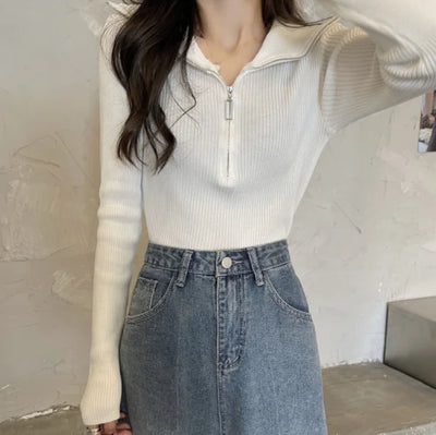 Zip Half Open Collar Knitted Sweater Spring and Autumn Long Sleeve Slim Bottom Shirt Women's Chic Top Pullover Y2k Korean Pulls