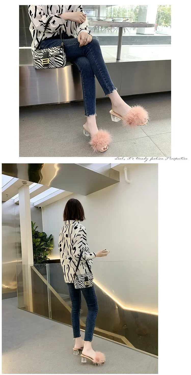 Mules Sandal Women Summer Outdoor Fashion Slippers Square Toe High Heels Office Ladies Feather Slides Chic Classics Furry Shoes