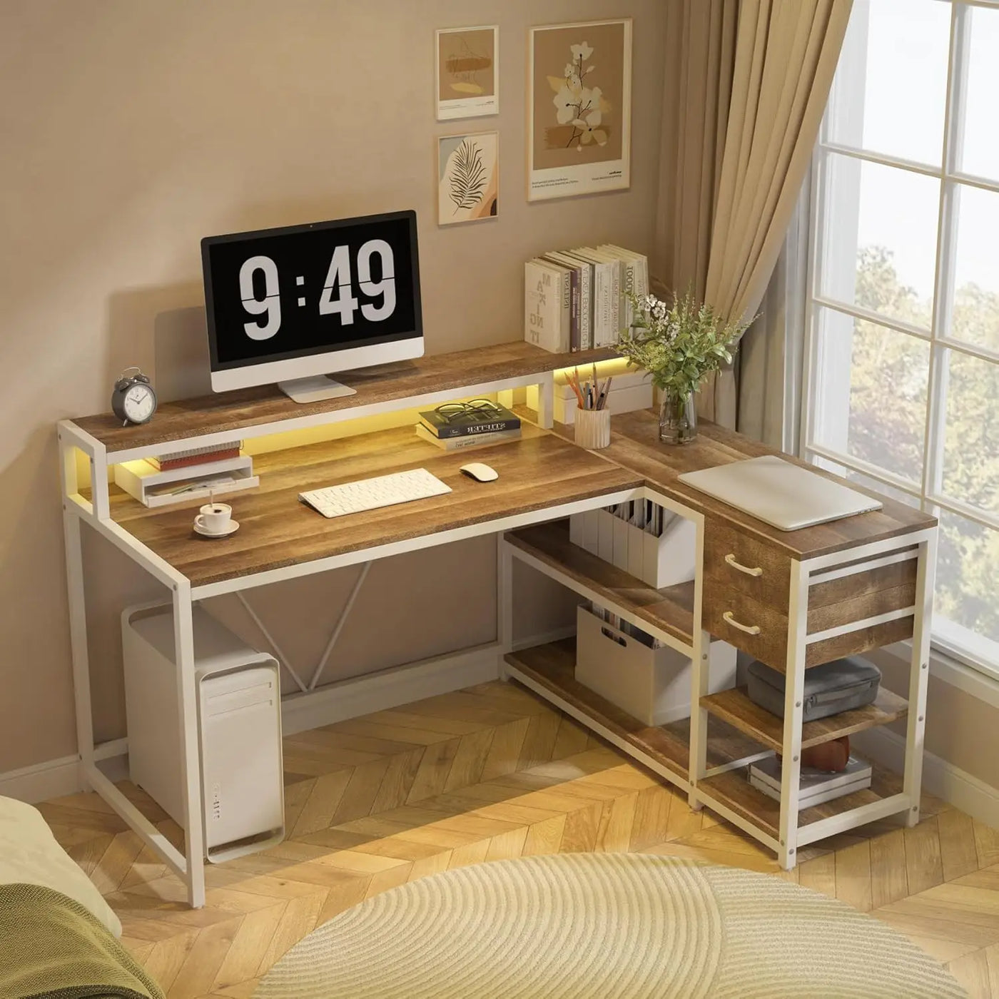 L Shaped Desk with Drawers and Storage Shelves, Home Office L Corner Desk with Monitor Stand, 55" x 24" Desktop Computer Desk