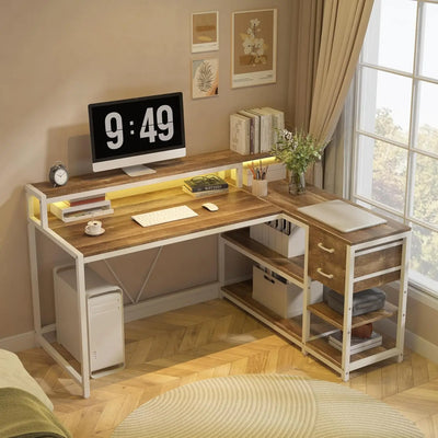 L Shaped Desk with Drawers and Storage Shelves, Home Office L Corner Desk with Monitor Stand, 55" x 24" Desktop Computer Desk