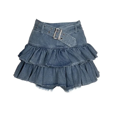 Y2k Skirt Set Bow Tie Love Hollow Out Crop Top Denim Ruffled Pleated Skirt 2 Piece Sets Women Summer Sexy Backless Outfits Suit