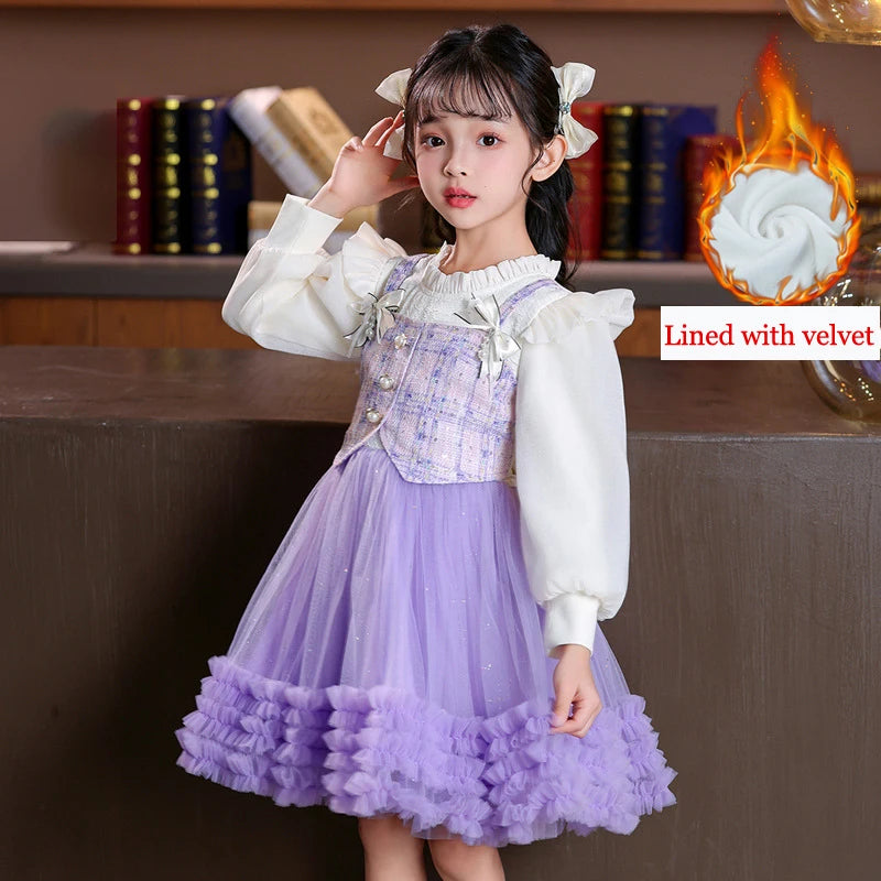 Young Girl Spring  Autumn 2025 New Style Pink Casual Dress Birthday Party Dresses for Girls Purple Fluffy Dress 2-10 Years Old