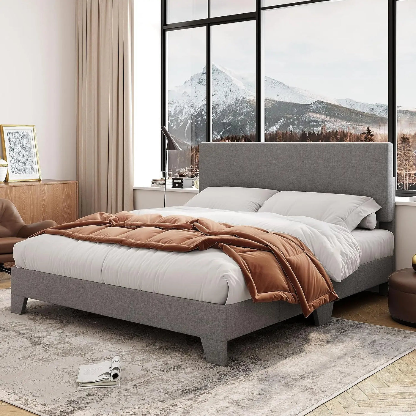 Bedroom Furniture, Full/Queen/king Size Bed Frame Adjustable Headboard, Faux Leather Platform Bed, Easy Assembly