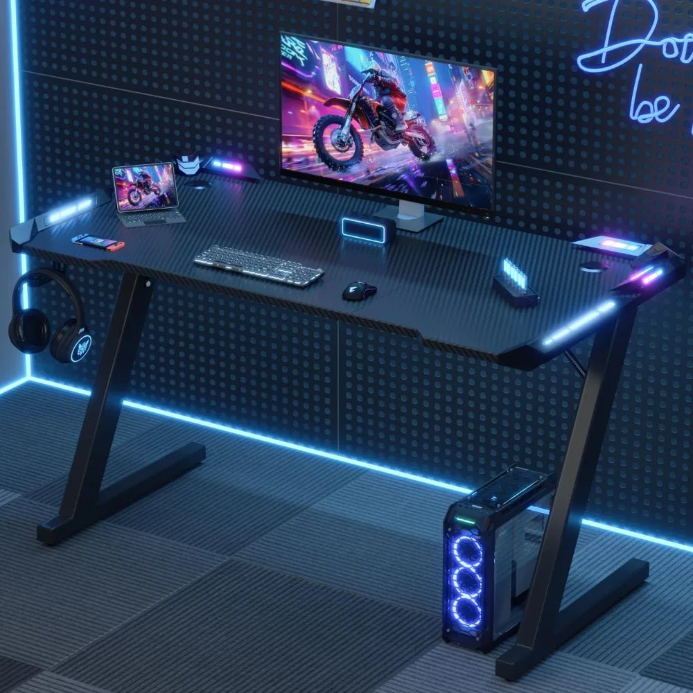 LED Gaming Desk 120 x 60 cm, Gaming Desk with RGB Light, Cup Holder and Hook for Headphones, Ergonomic Computer Table