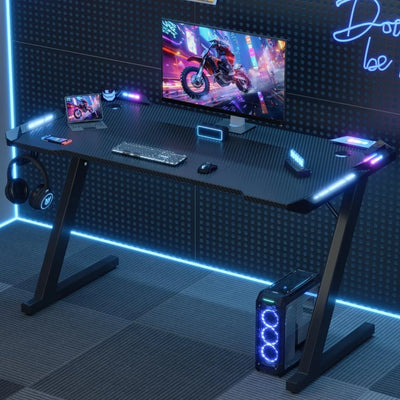 LED Gaming Desk 120 x 60 cm, Gaming Desk with RGB Light, Cup Holder and Hook for Headphones, Ergonomic Computer Table