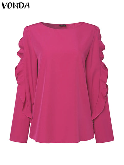 Plus Size 5XL VONDA Autumn Elegant Solid Blouse Fashion Top Women 2024 Ruffled Long Sleeve Hollow Out Casual Loose Shirts Blusas