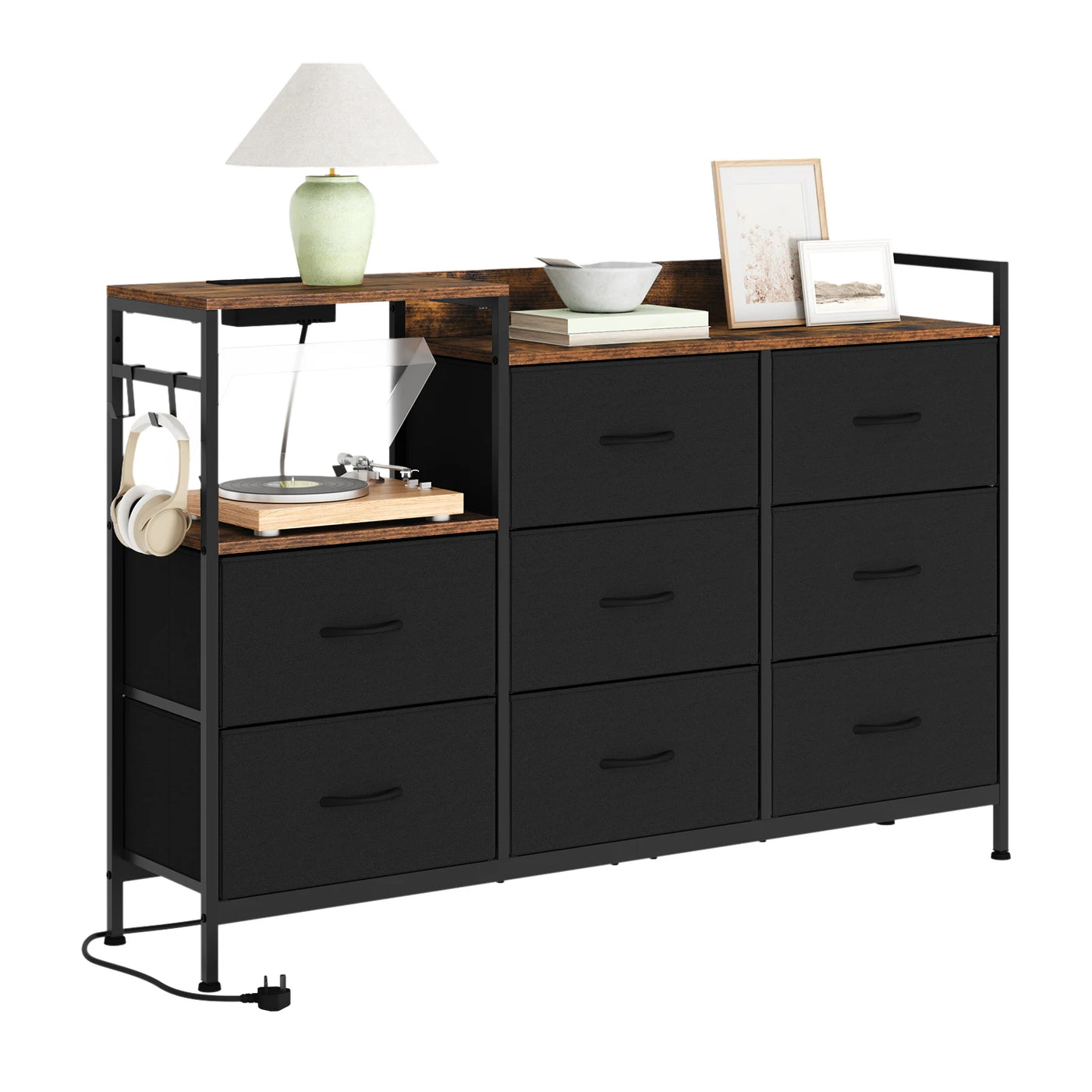 Chest of Drawers with 8 Fabric Drawer Sideboard Storage Cabinet for Kitchen Office with Charging Sockets Steel Frame 132x88x30cm