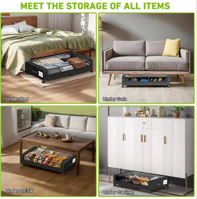 4-Pack XXL 60L Under Bed Storage with Wheels with Clear Lids - Rolling Drawers & Bins for Clothes,Shoes,Toys,(Black)