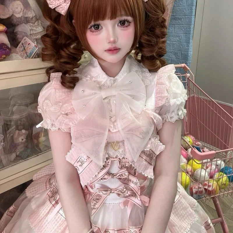 Japanese Lolita Shirts Vintage Elegant Women Classical Sweet Short Sleeve Blouse Ruffles Bow Casual Y2k Crop Tops Gothic Blusas