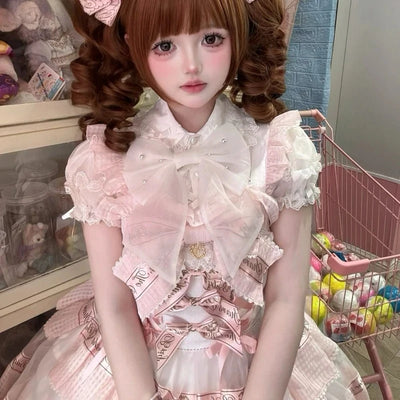 Japanese Lolita Shirts Vintage Elegant Women Classical Sweet Short Sleeve Blouse Ruffles Bow Casual Y2k Crop Tops Gothic Blusas